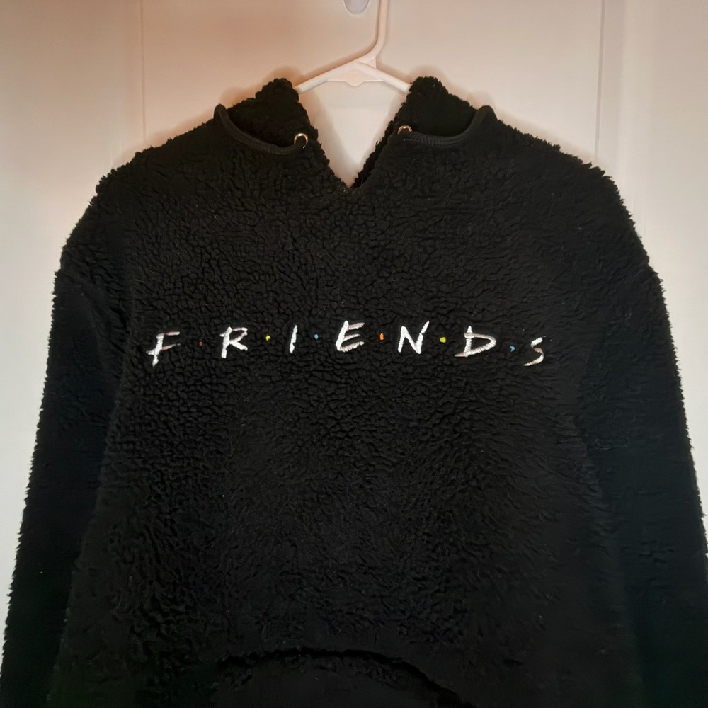 Friends The Television Series Black Sherpa Fleece Hoodie Embroidered Logo Large